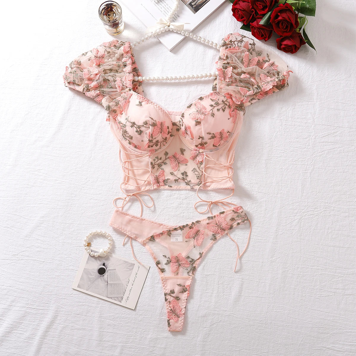 Mesh butterfly embroidery sexy lingerie mesh v-neck set