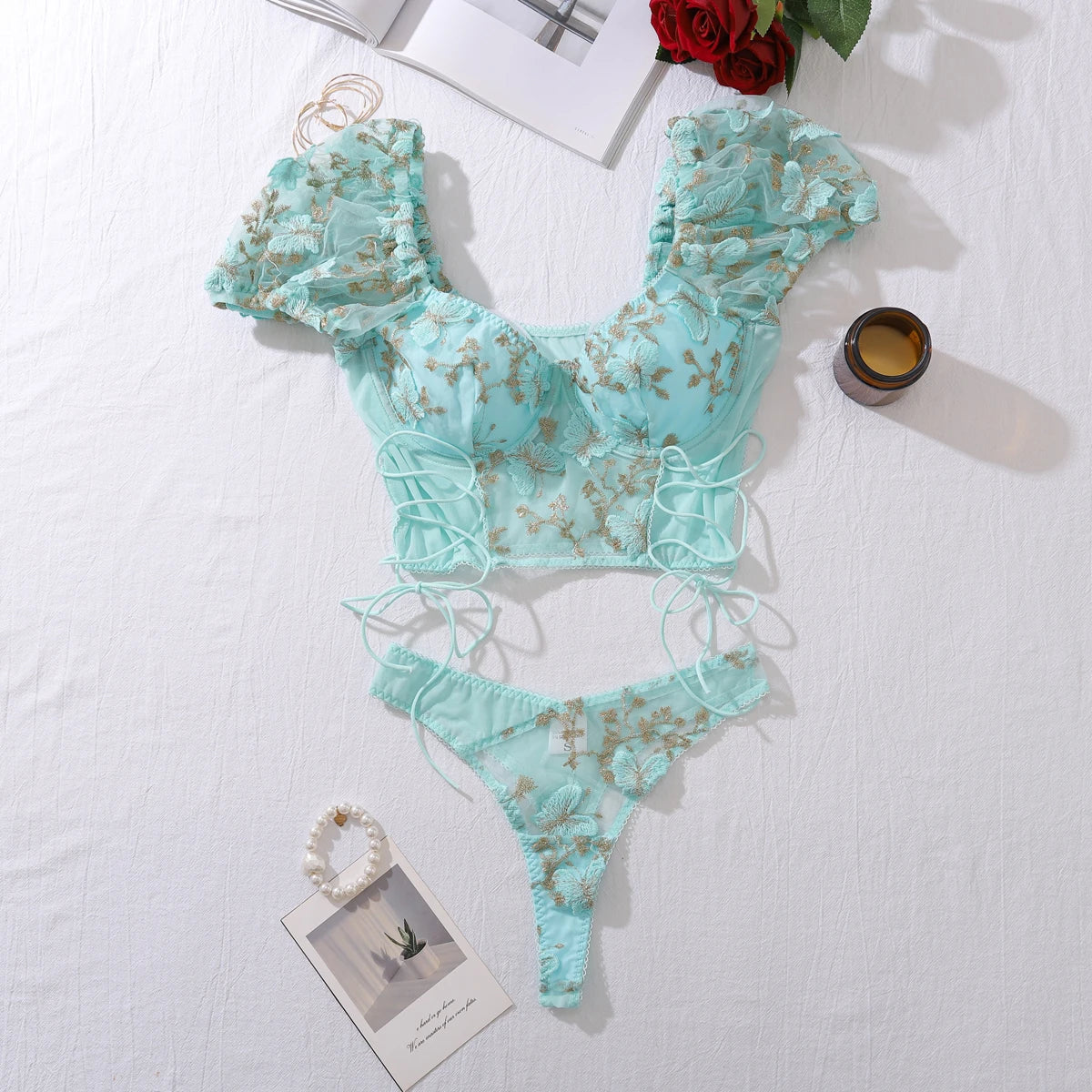 Mesh butterfly embroidery sexy lingerie mesh v-neck set